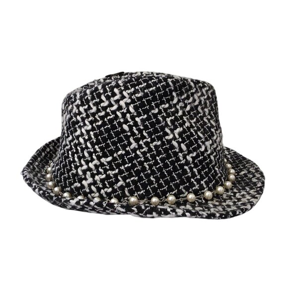 VON ZIPPER Black & White Women's Tweed Fedora w/ Pearl Chain & Lace Accent 6-7/8 - Picture 3 of 9